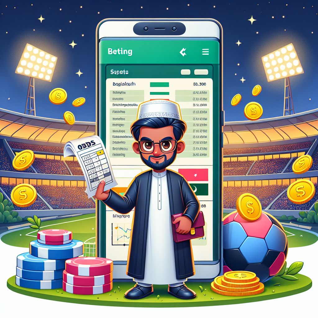 Cartoon sports fan holding a betting slip with live odds panels and coins