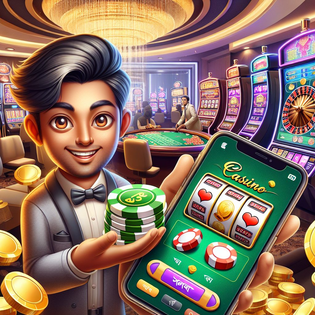 Cartoon casino character holding chips beside slot reels and live table icons