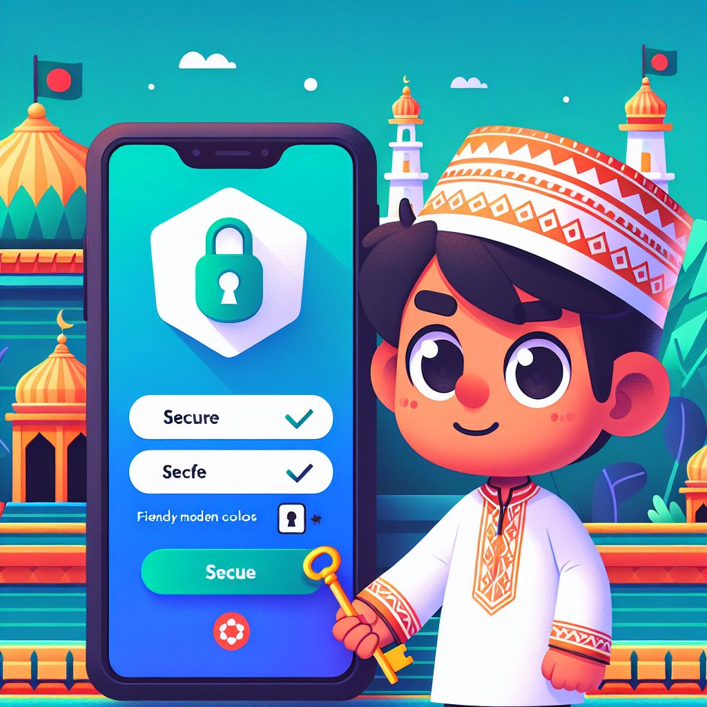 Cartoon character holding a phone with a secure login screen and shield icon